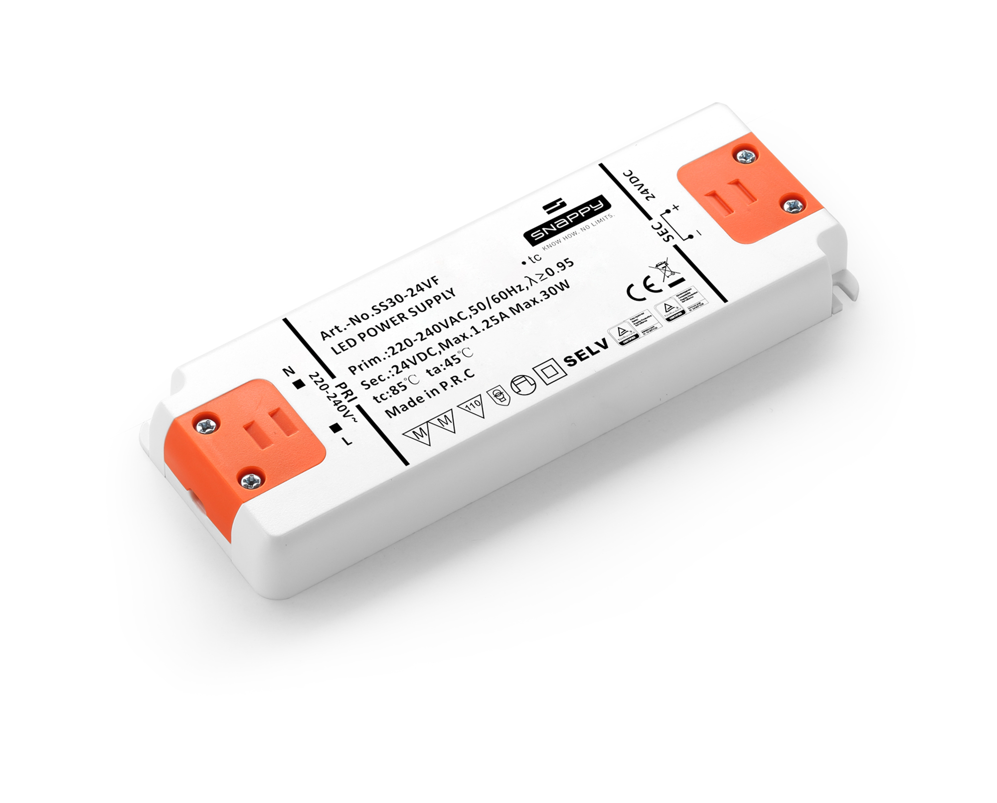 SS30-24VF  30W Constant Voltage Non-Dimmable LED Driver 24VDC  1.25A  IP20.